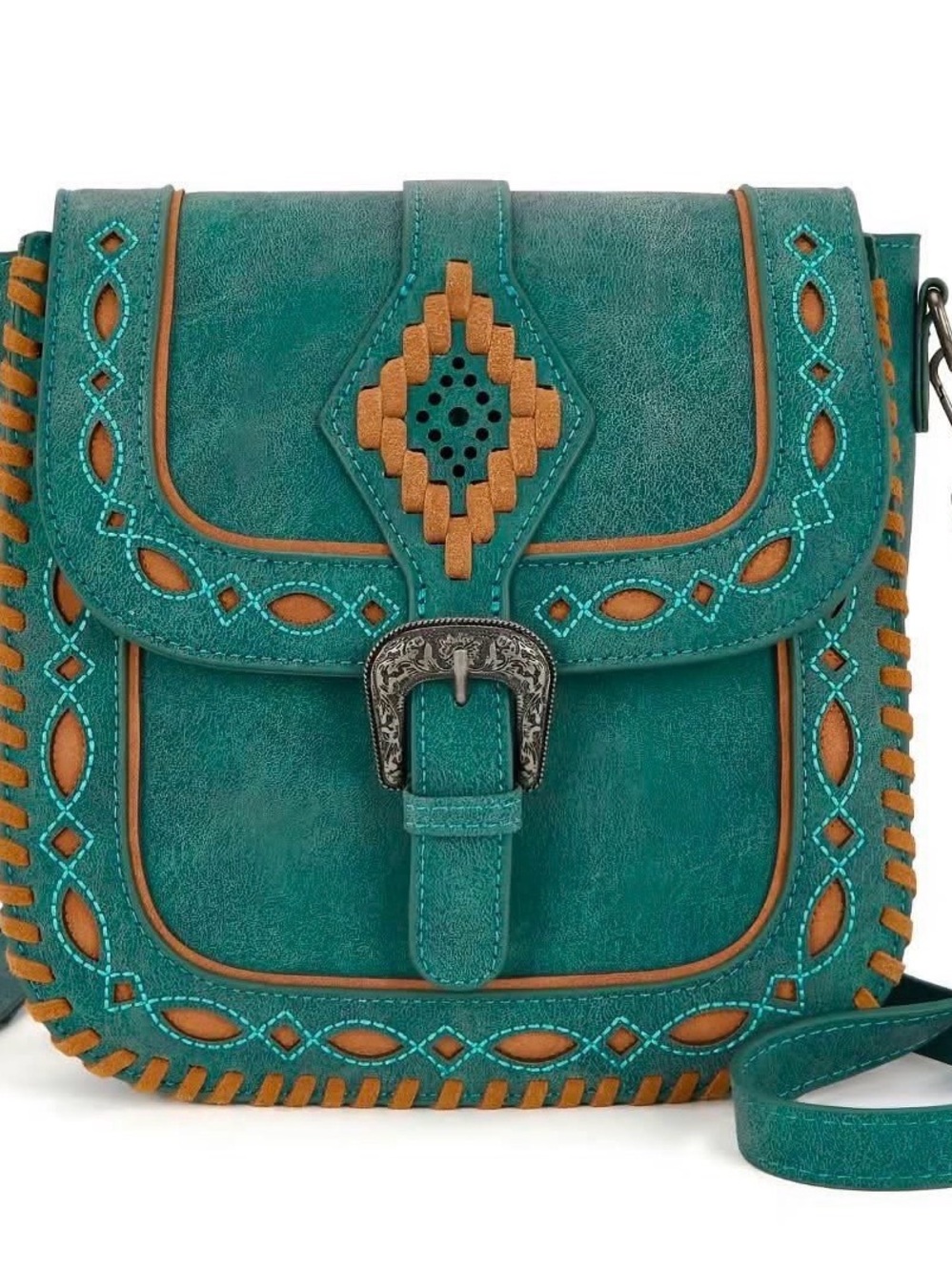 Teal and Tan Tooled Crossbody Bag - Women Bags